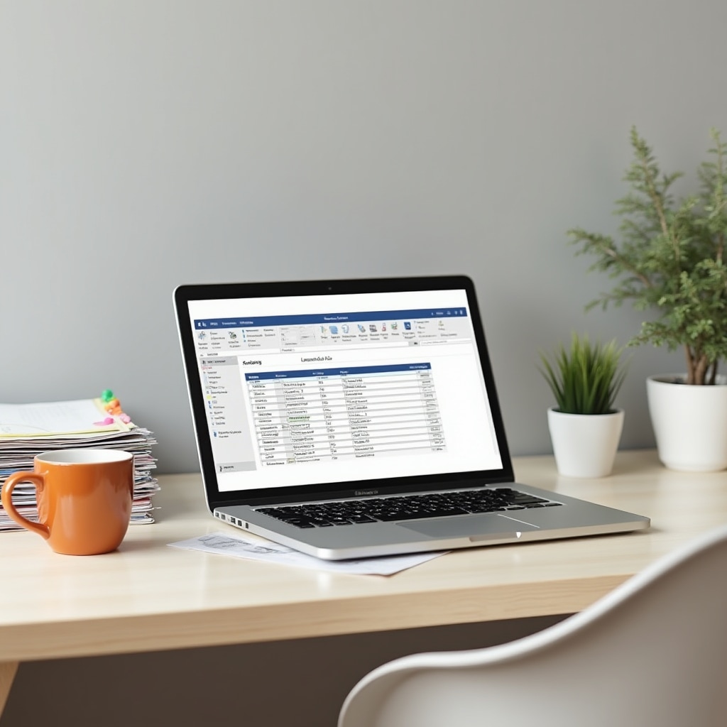 Clean, organised bookkeeping workspace with files, laptop and documents arranged neatly