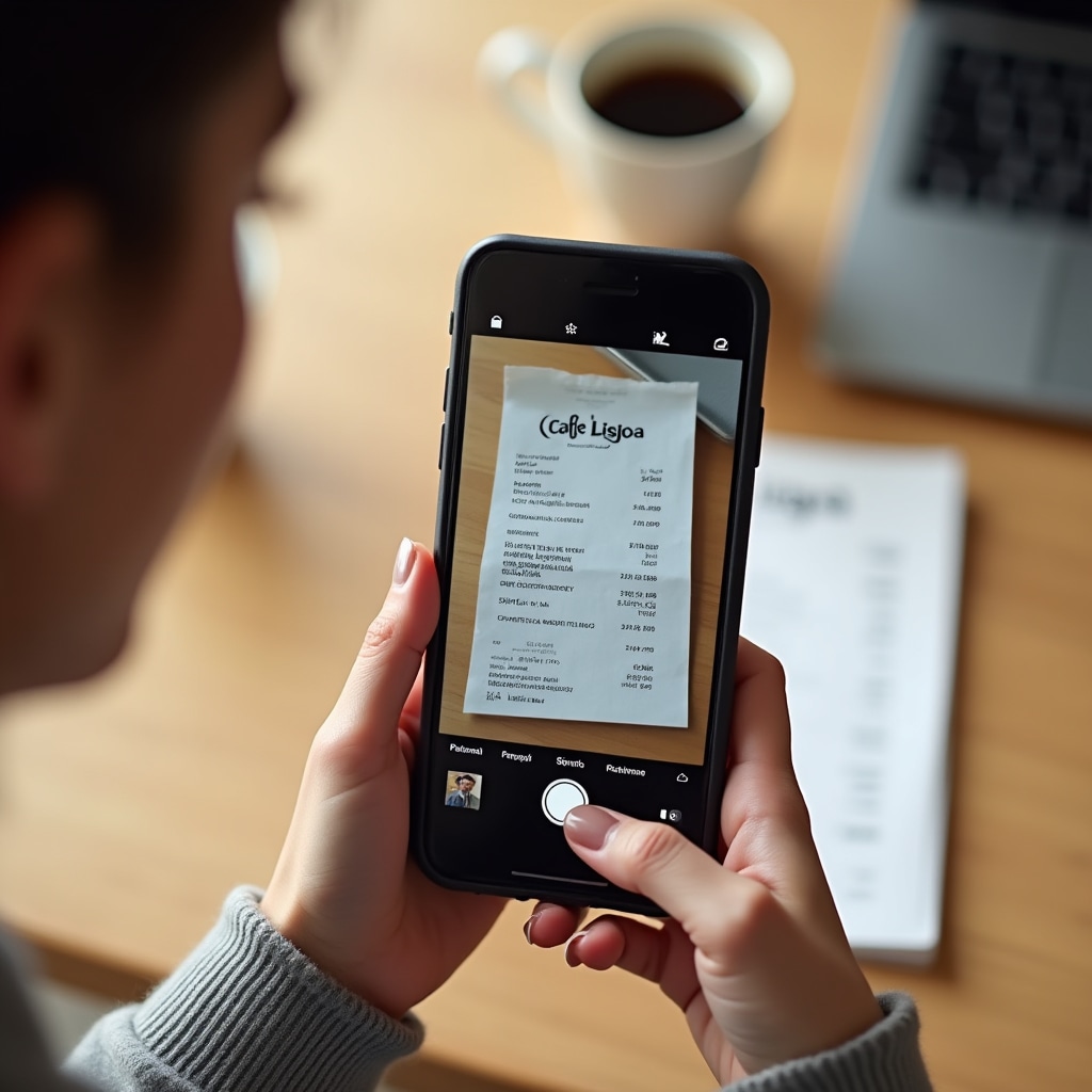 Person photographing a paper receipt with a smartphone to send for digital bookkeeping organisation