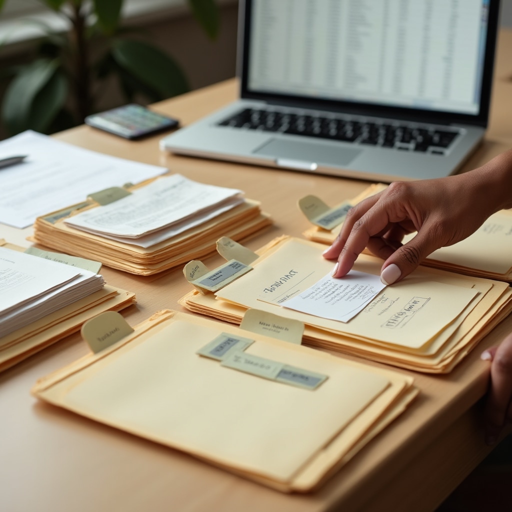 Documents being sorted and categorised into labelled folders during bookkeeping organisation process