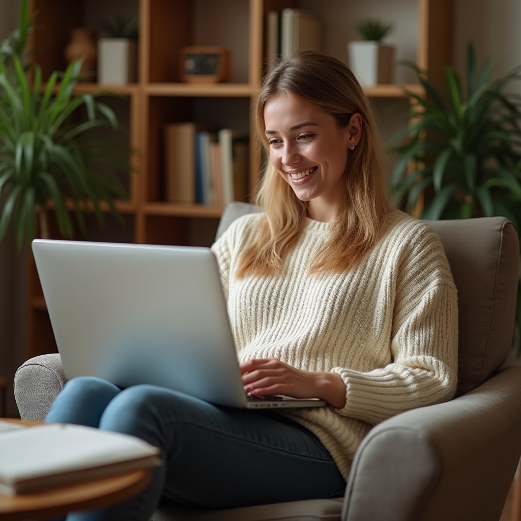 Relaxed freelancer at a clean desk with organised documents, representing stress-free accounting management