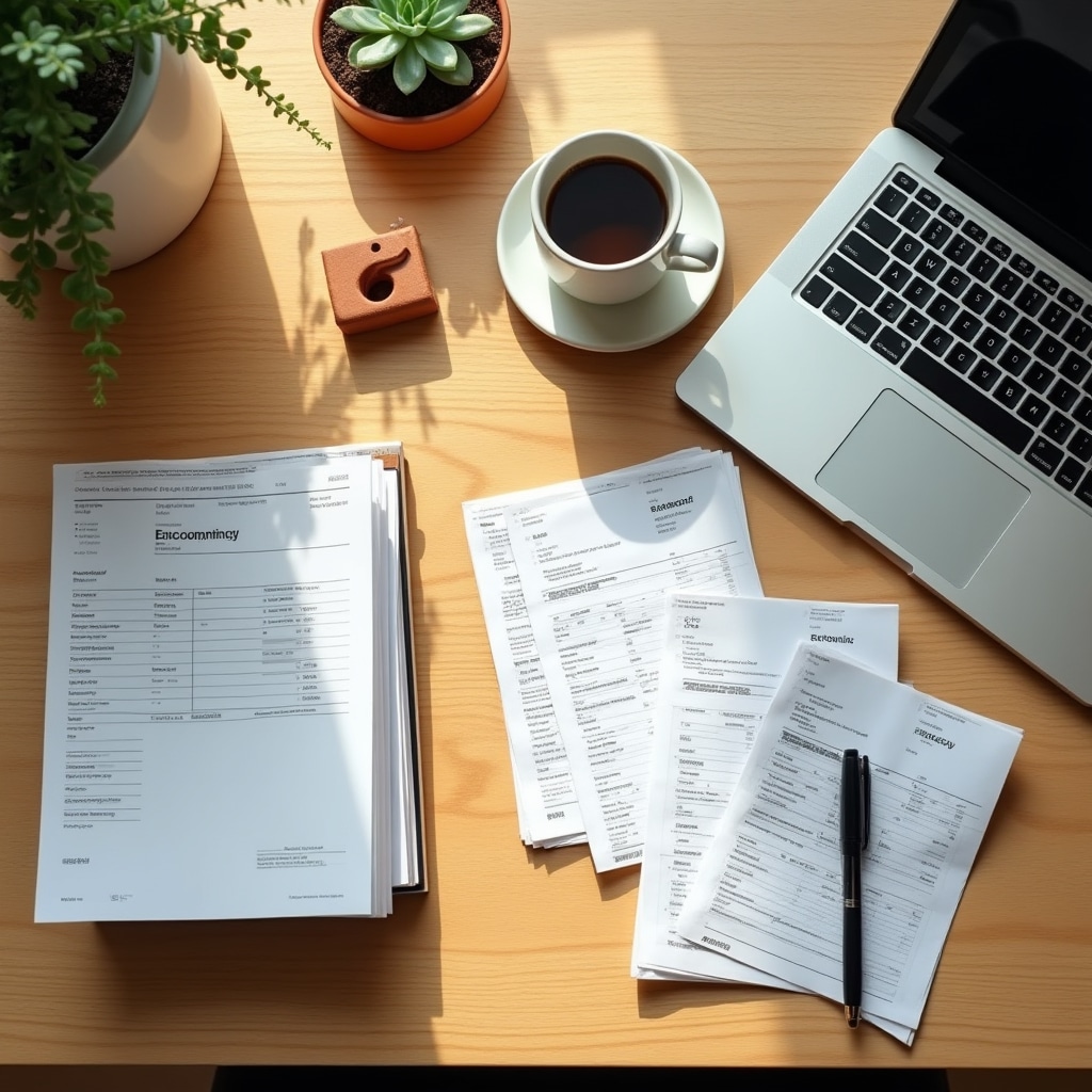 Organised desk with receipts and documents ready for bookkeeping in Lisbon