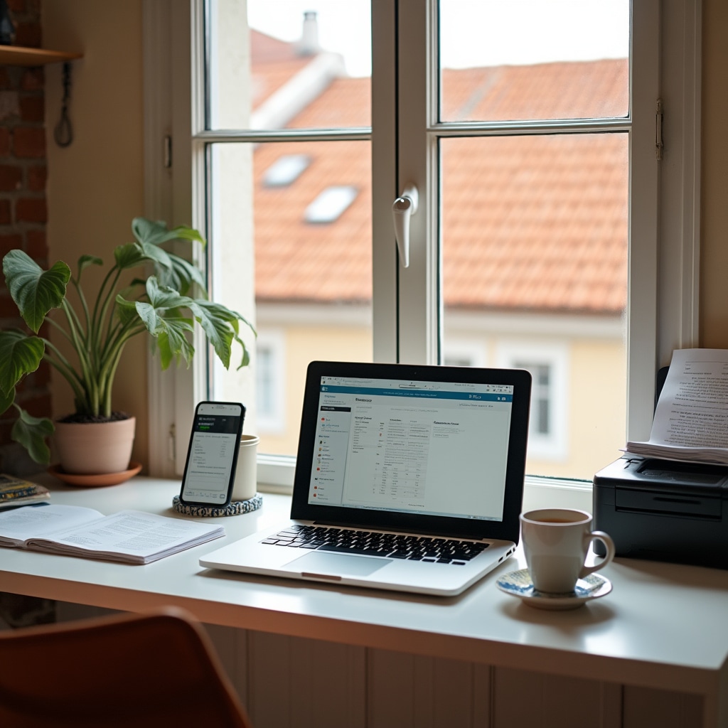 Remote work setup with laptop and financial documents, representing nationwide Portugal coverage